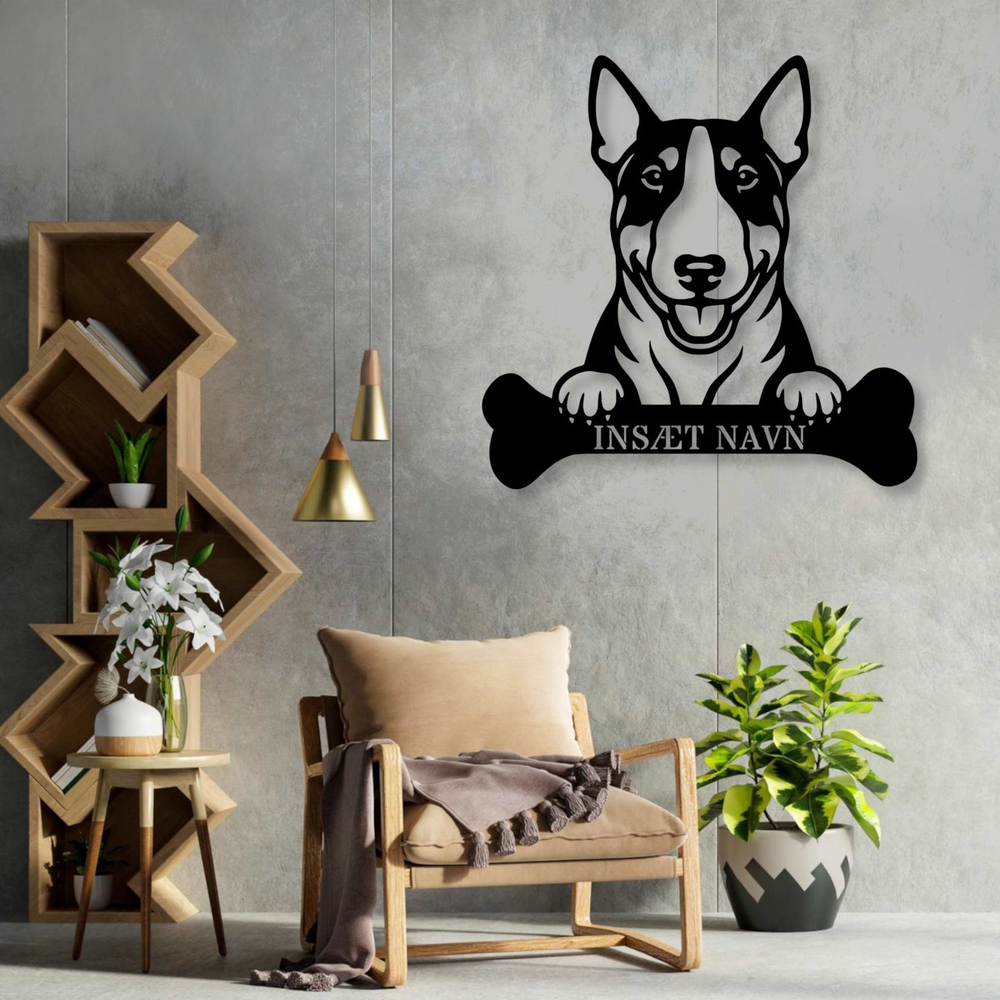 Bull Terrier hund med kødben metalskilt med personlig navn