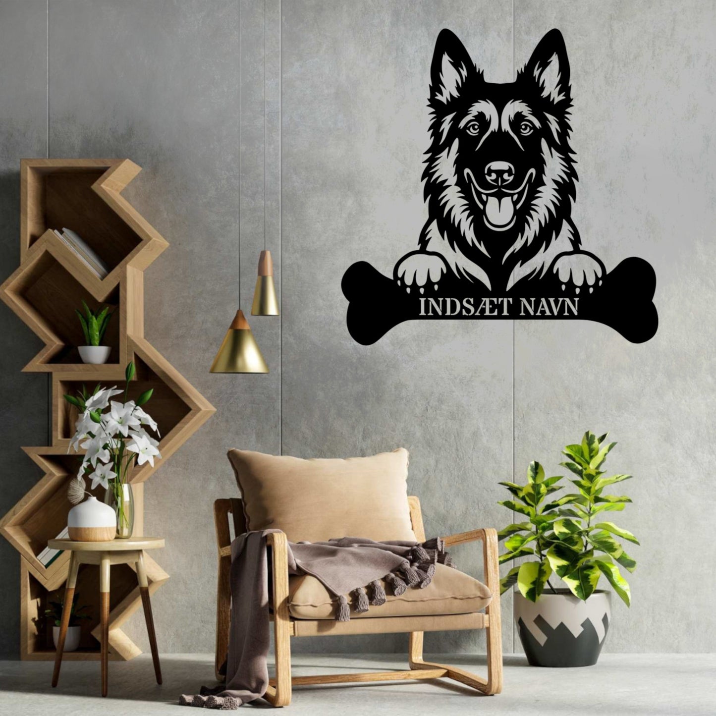 Belgisk Hyrdehund med kødben. Metalskilt med personlig navn