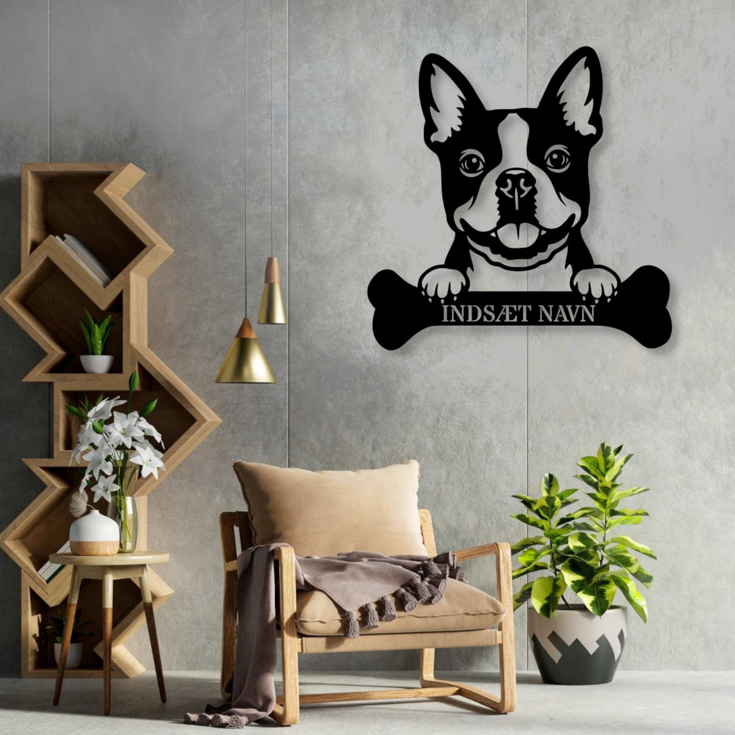 Boston terrier med kødben metalskilt med personlig navn