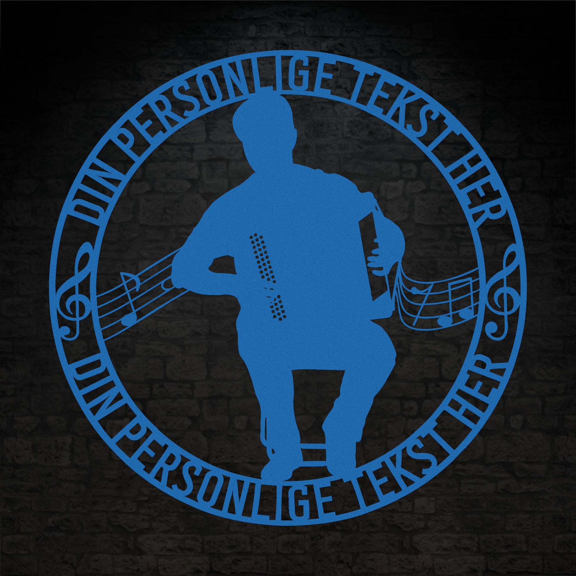 Harmonika spiller - Rund vægskilt i blå med personlig tekst. Unik musiker gaveidé