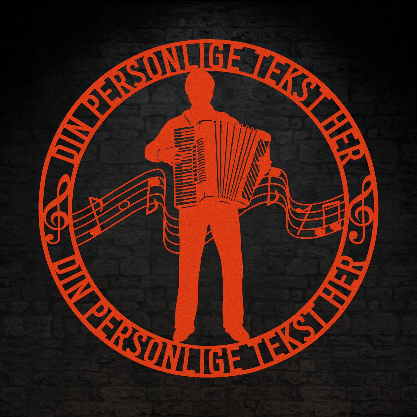 Harmonika metal vægskilt i orange med personlig tekst. Unik musiker gaveidé