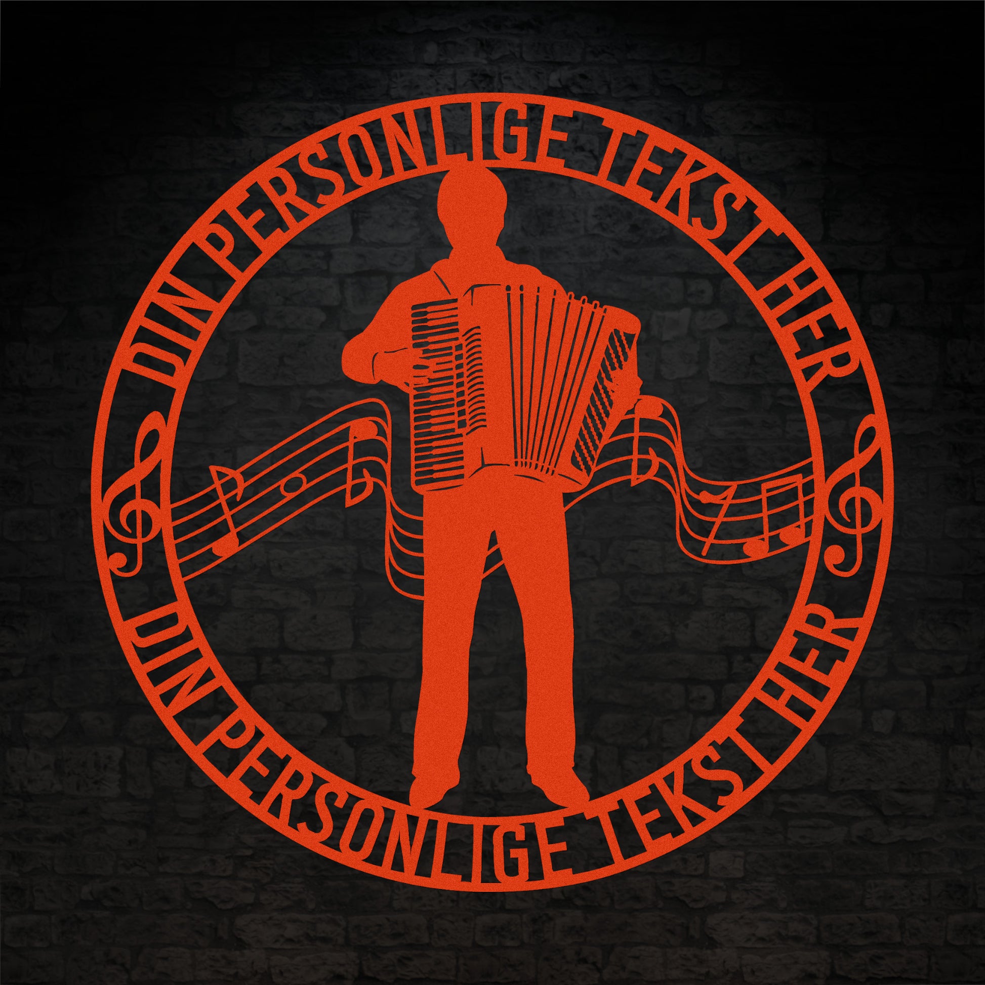 Harmonika metal vægskilt i orange med personlig tekst. Unik musiker gaveidé