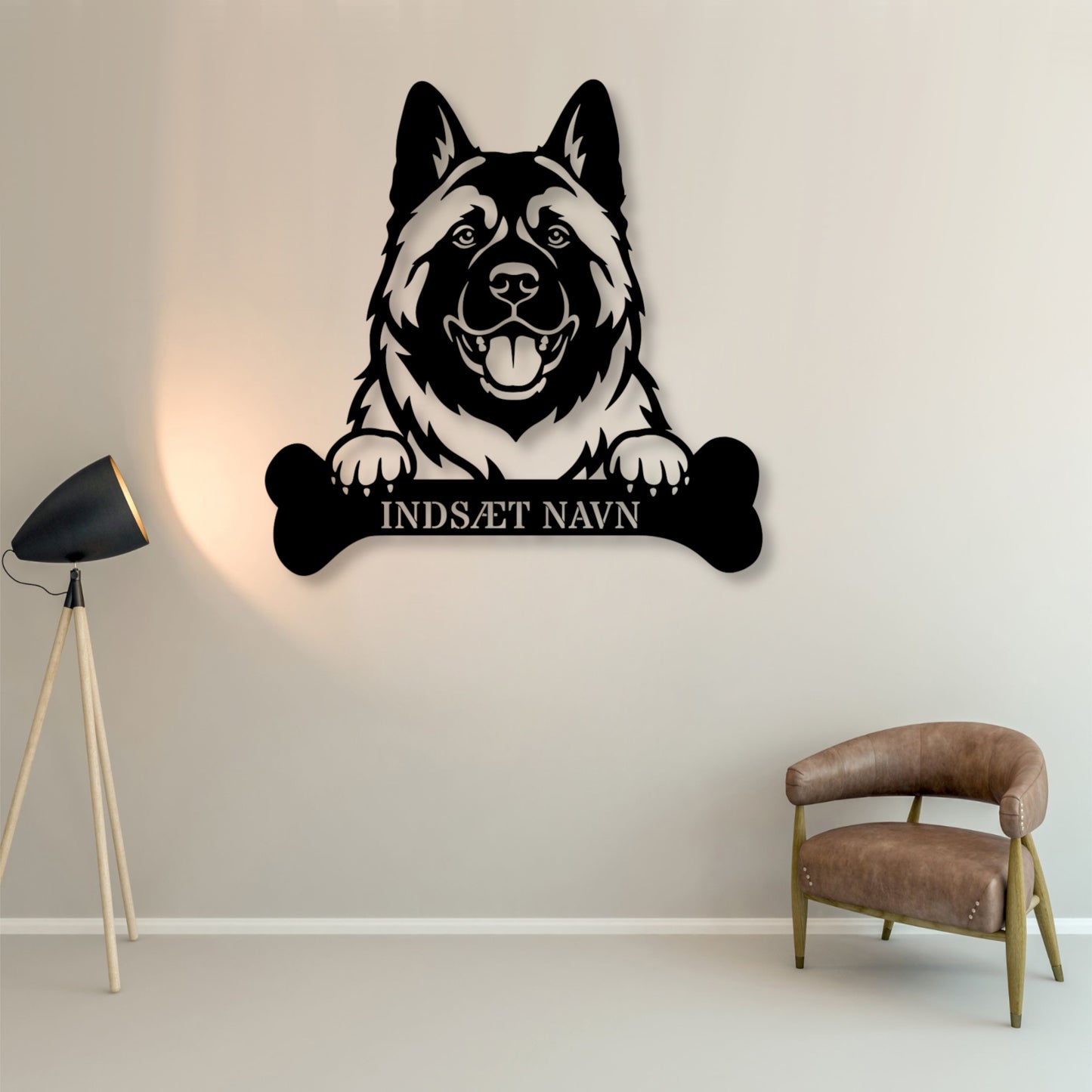 American Akita med kødben metalskilt med personlig navn