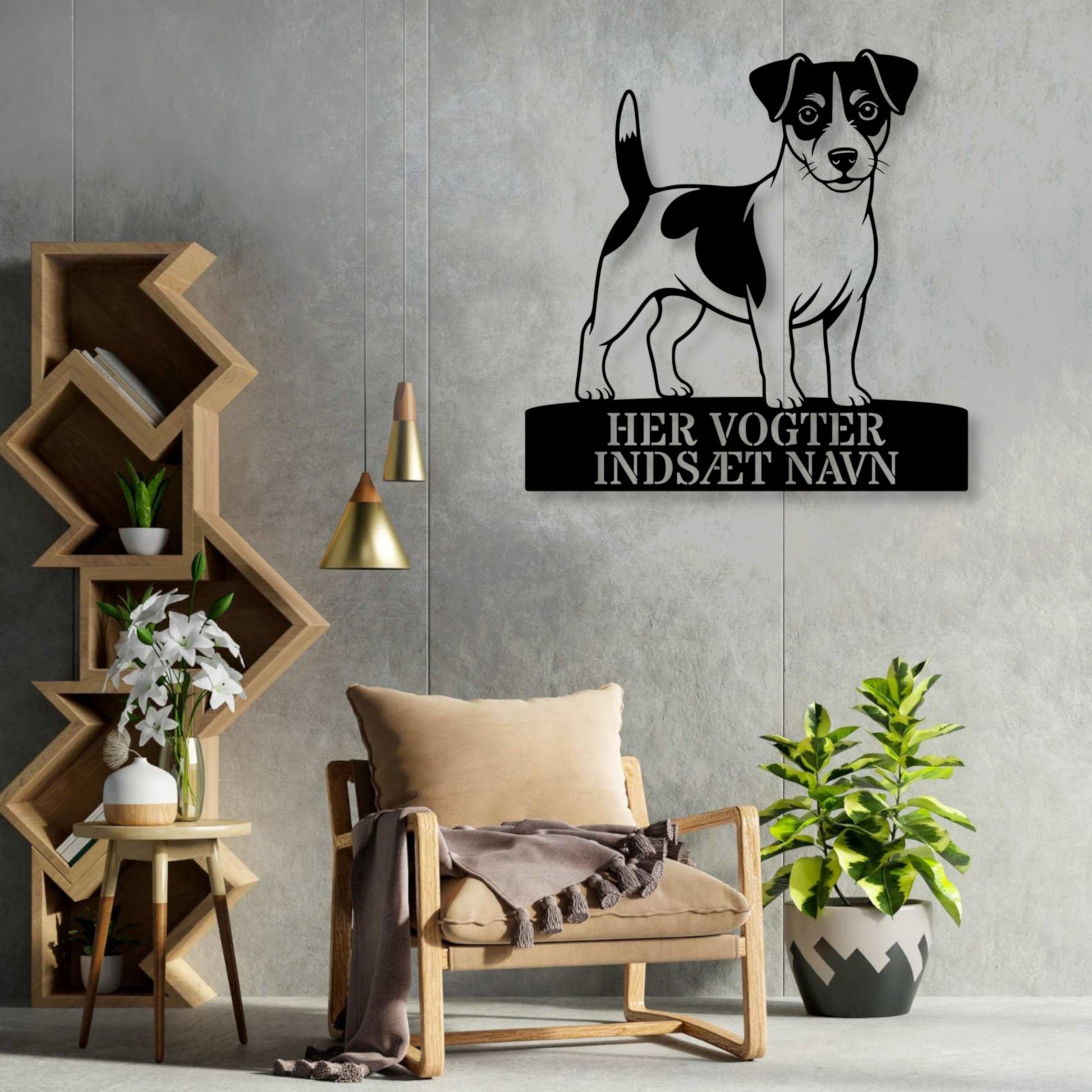 Her vogter jeg skilt. Personlig Jack Russell Terrier metal navneskilt med valgfri tekst.