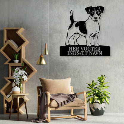 Her vogter jeg skilt. Personlig Jack Russell Terrier metal navneskilt med valgfri tekst.