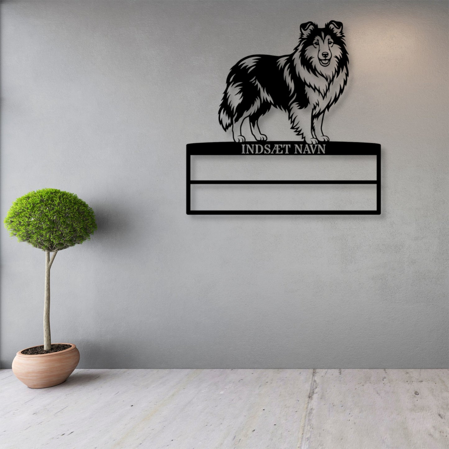Stort Personlig Shetland Sheepdog metal navneskilt display til rosetter.