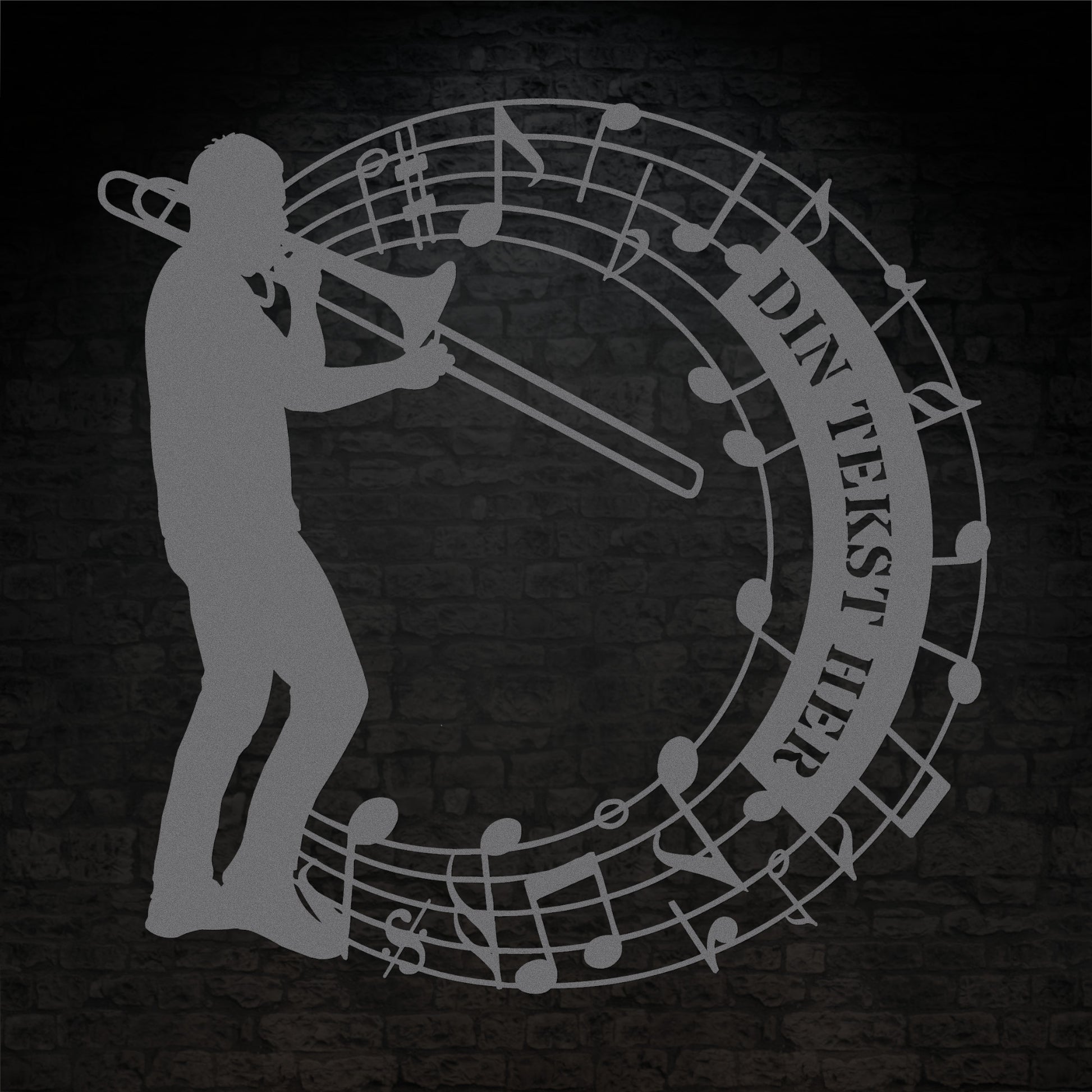 rund trombonist metal vægskilt i sølv med personlig tekst. Unik gaveidé til muikeren