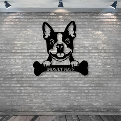 Boston terrier med kødben metalskilt med personlig navn