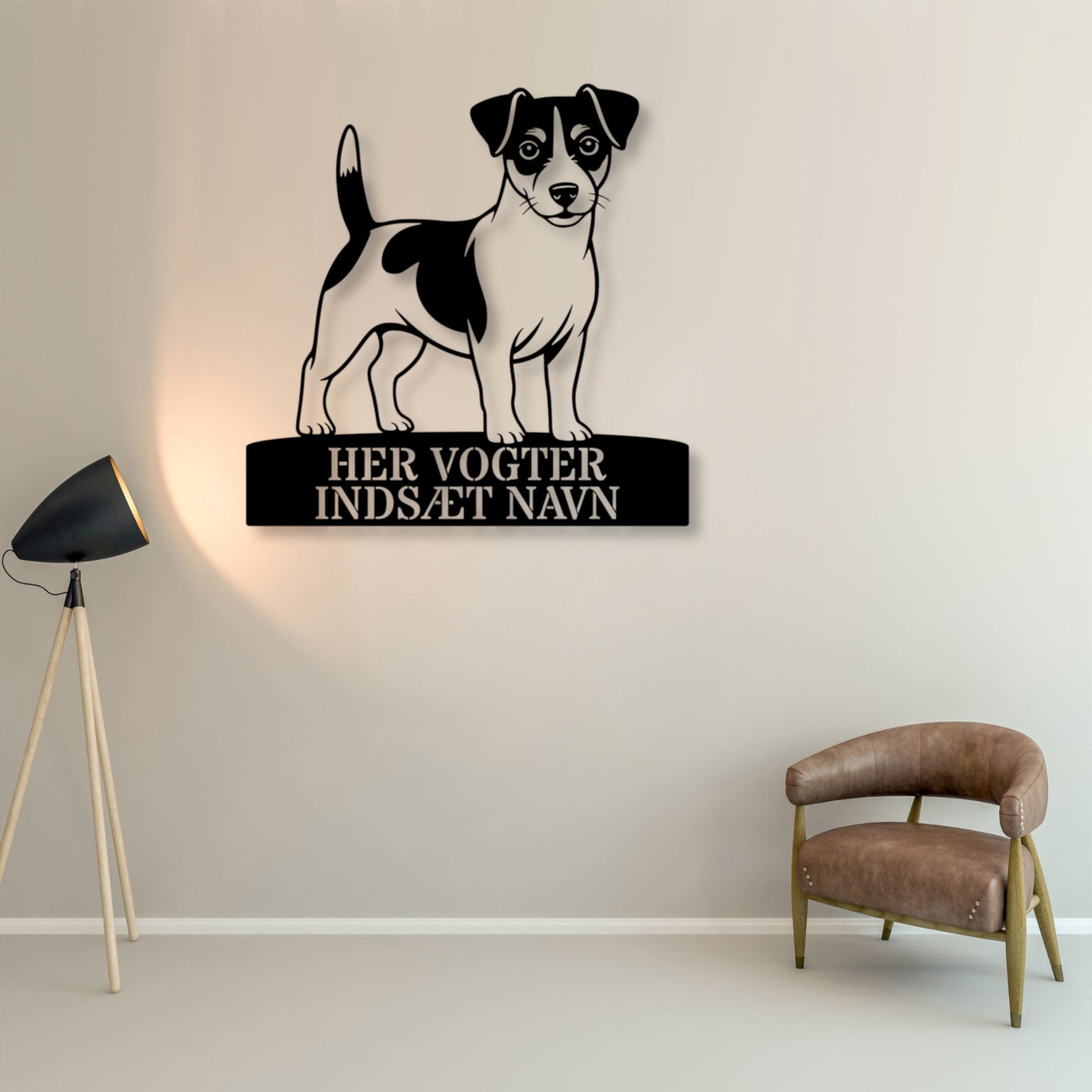 Her vogter jeg skilt. Personlig Jack Russell Terrier metal navneskilt med valgfri tekst.