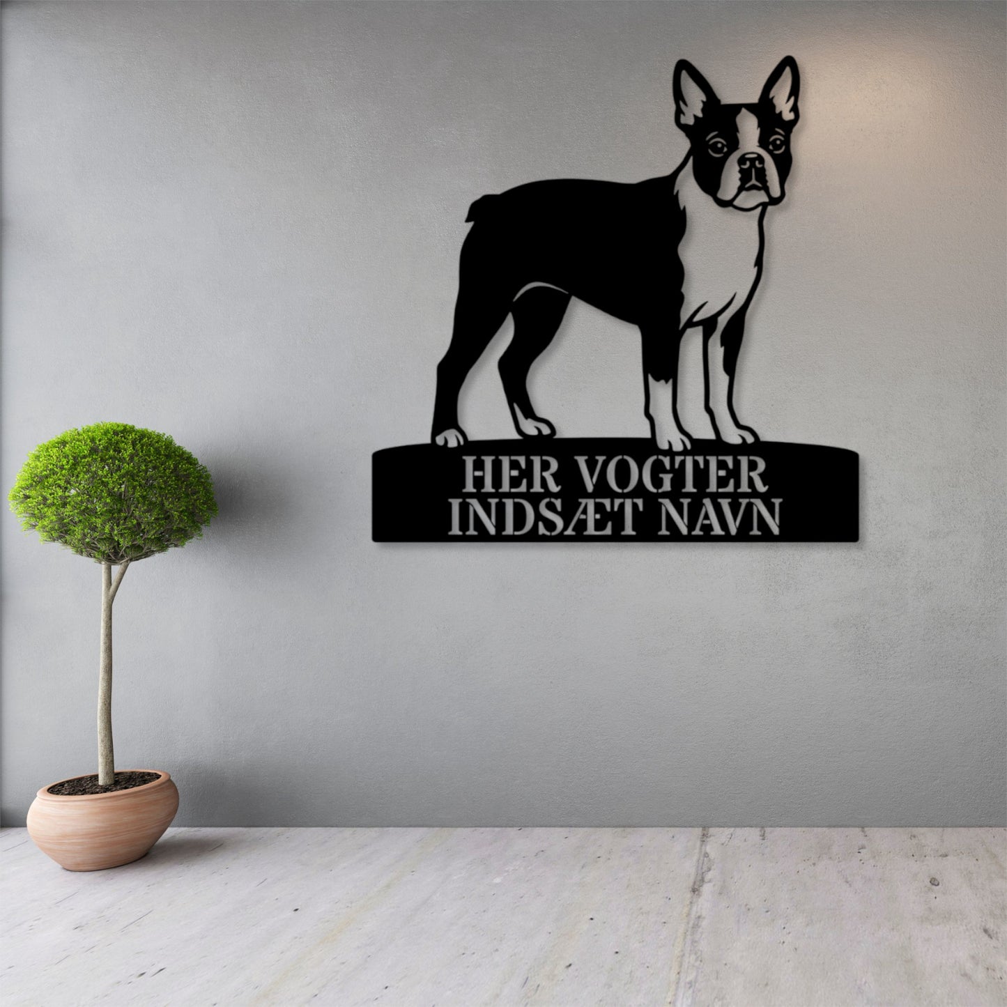 Her vogter jeg. Personlig boston terrier hunde metal navneskilt