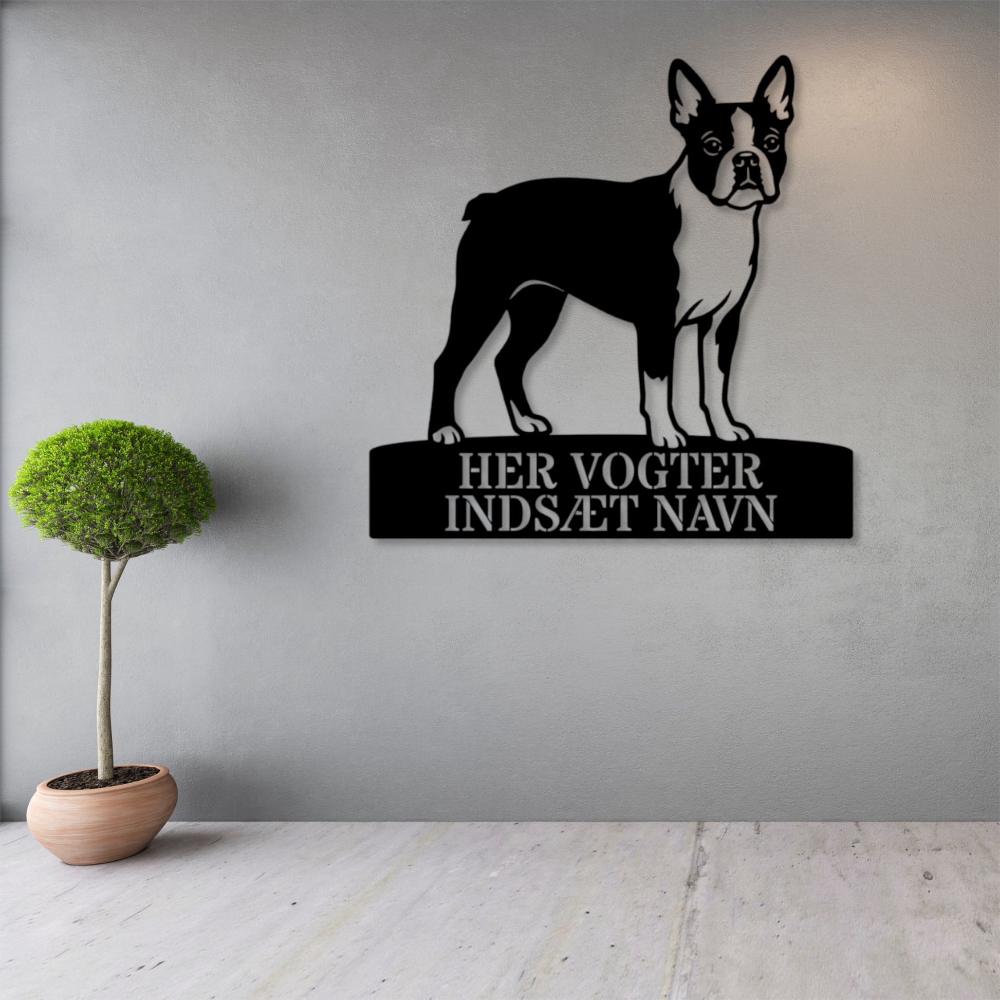 Her vogter jeg. Personlig boston terrier hunde metal navneskilt