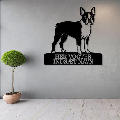 Her vogter jeg. Personlig boston terrier hunde metal navneskilt