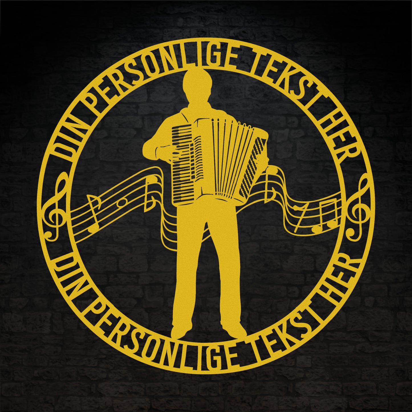 Harmonika metal vægskilt i gul med personlig tekst. Unik musiker gaveidé