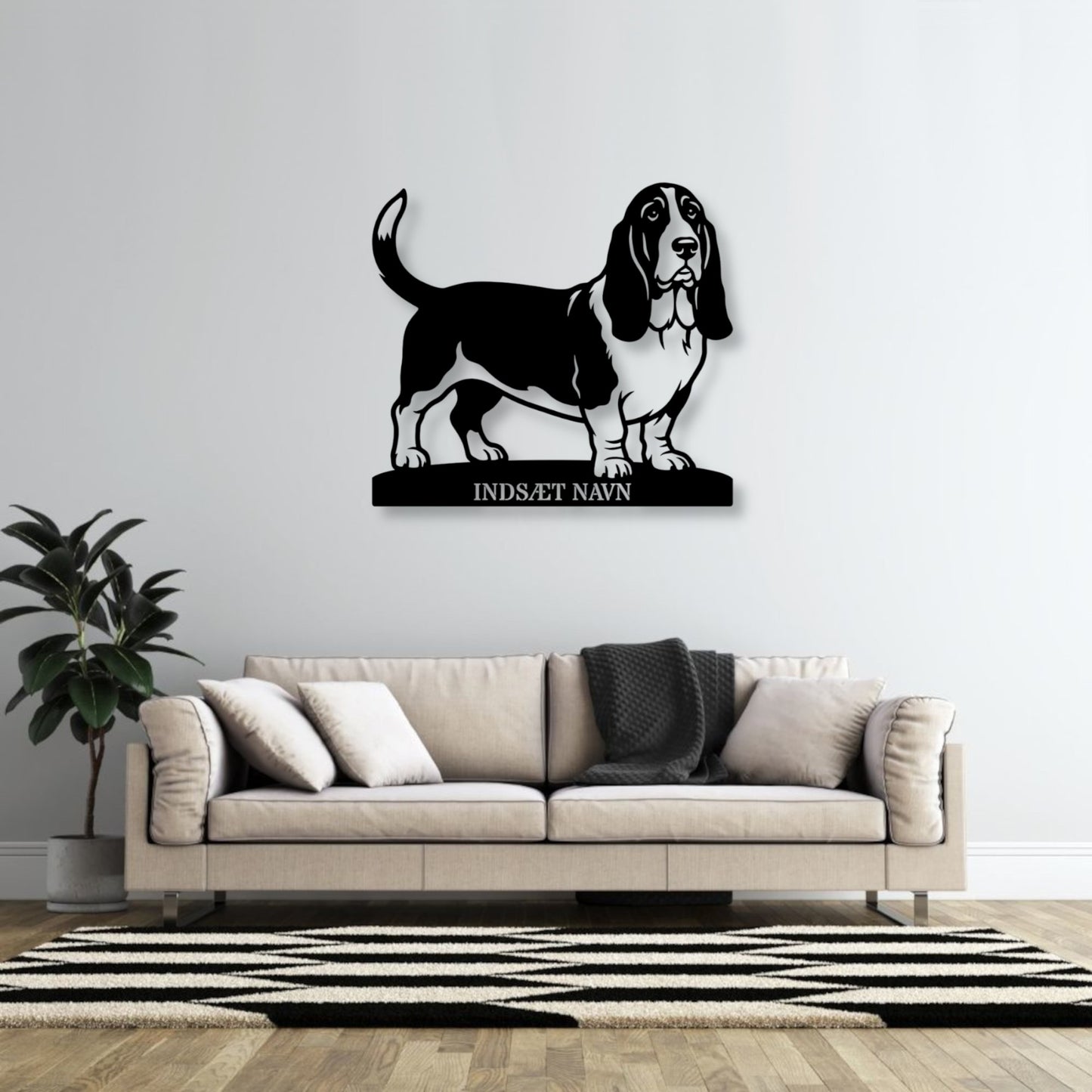 Basset hound metalskilt med personlig tekst.
