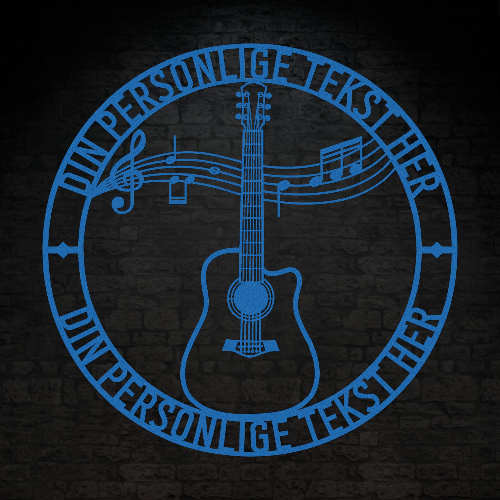 Blå guitar metalskilt med personlig tekst. Musiker navneskilt gaveidé