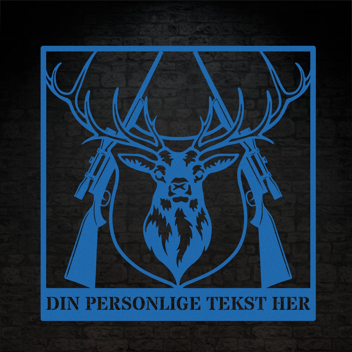 Blå metalskilt med navn og personlig tekst til jægeren. Fås i flere farver og størrelser