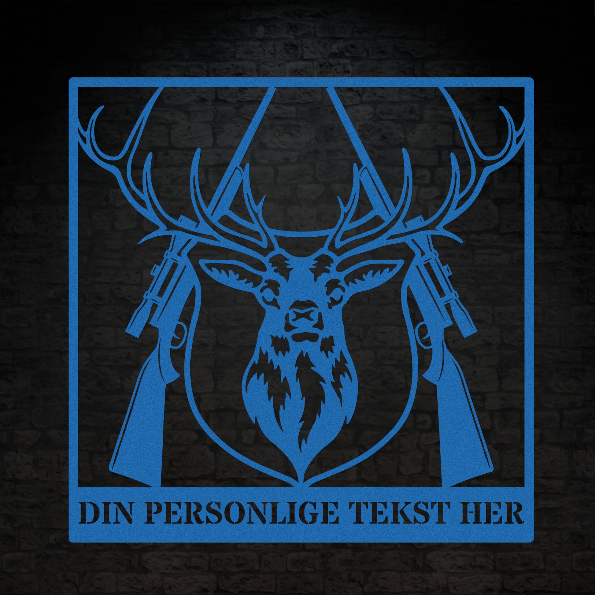 Blå metalskilt med navn og personlig tekst til jægeren. Fås i flere farver og størrelser
