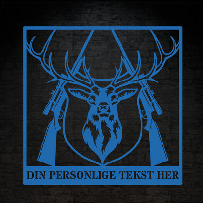 Blå metalskilt med navn og personlig tekst til jægeren. Fås i flere farver og størrelser