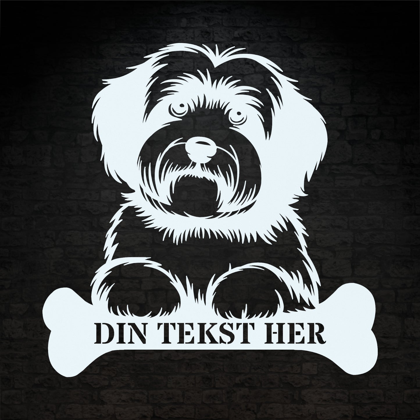 Bomuldshund metalskilt i hvid med personlig tekst. Hundeejer navneskilt gaveidé