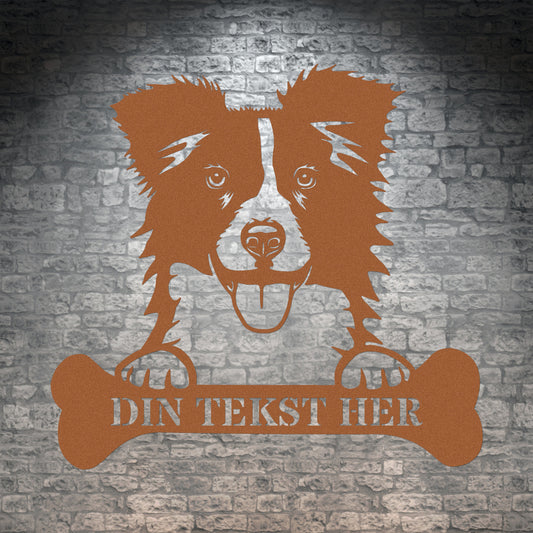Border Collie hunde metalskilt i brun med personlig tekst. Unik hundeejer gaveidé