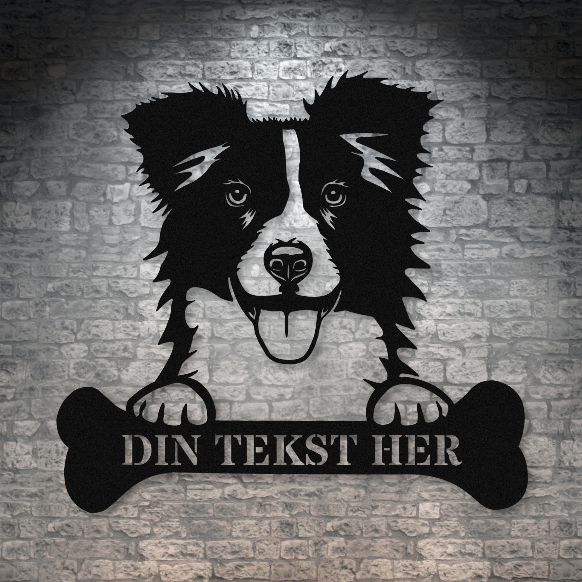 Border Collie hunde metalskilt i sort med personlig tekst. Unik hundeejer gaveidé