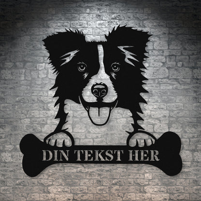 Border Collie hunde metalskilt i sort med personlig tekst. Unik hundeejer gaveidé