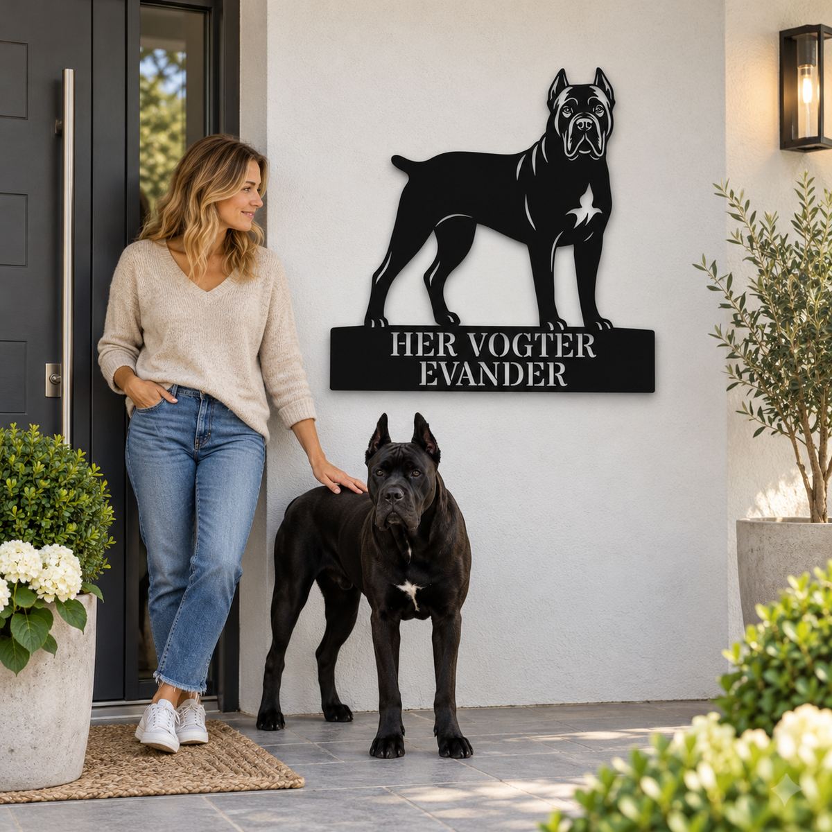 Her vogter jeg. Personlig Cane Corso metal navneskilt