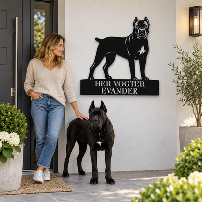 Her vogter jeg. Personlig Cane Corso metal navneskilt