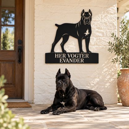 Her vogter jeg. Personlig Cane Corso metal navneskilt