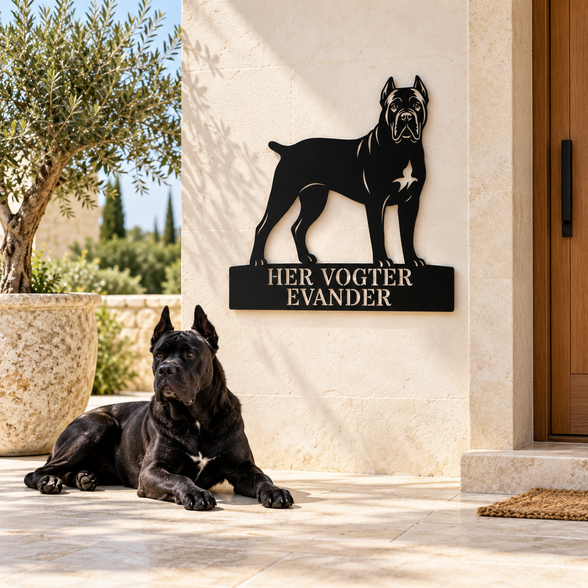 Her vogter jeg. Personlig Cane Corso metal navneskilt
