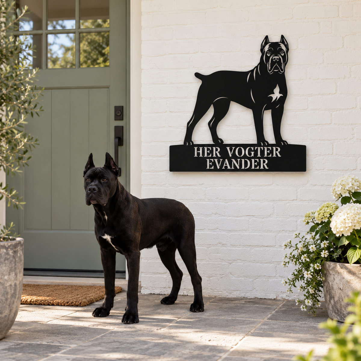 Her vogter jeg. Personlig Cane Corso metal navneskilt