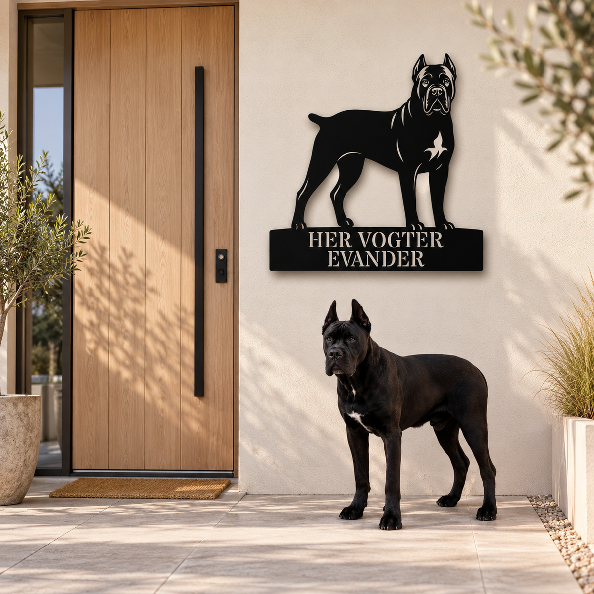 Her vogter jeg. Personlig Cane Corso metal navneskilt