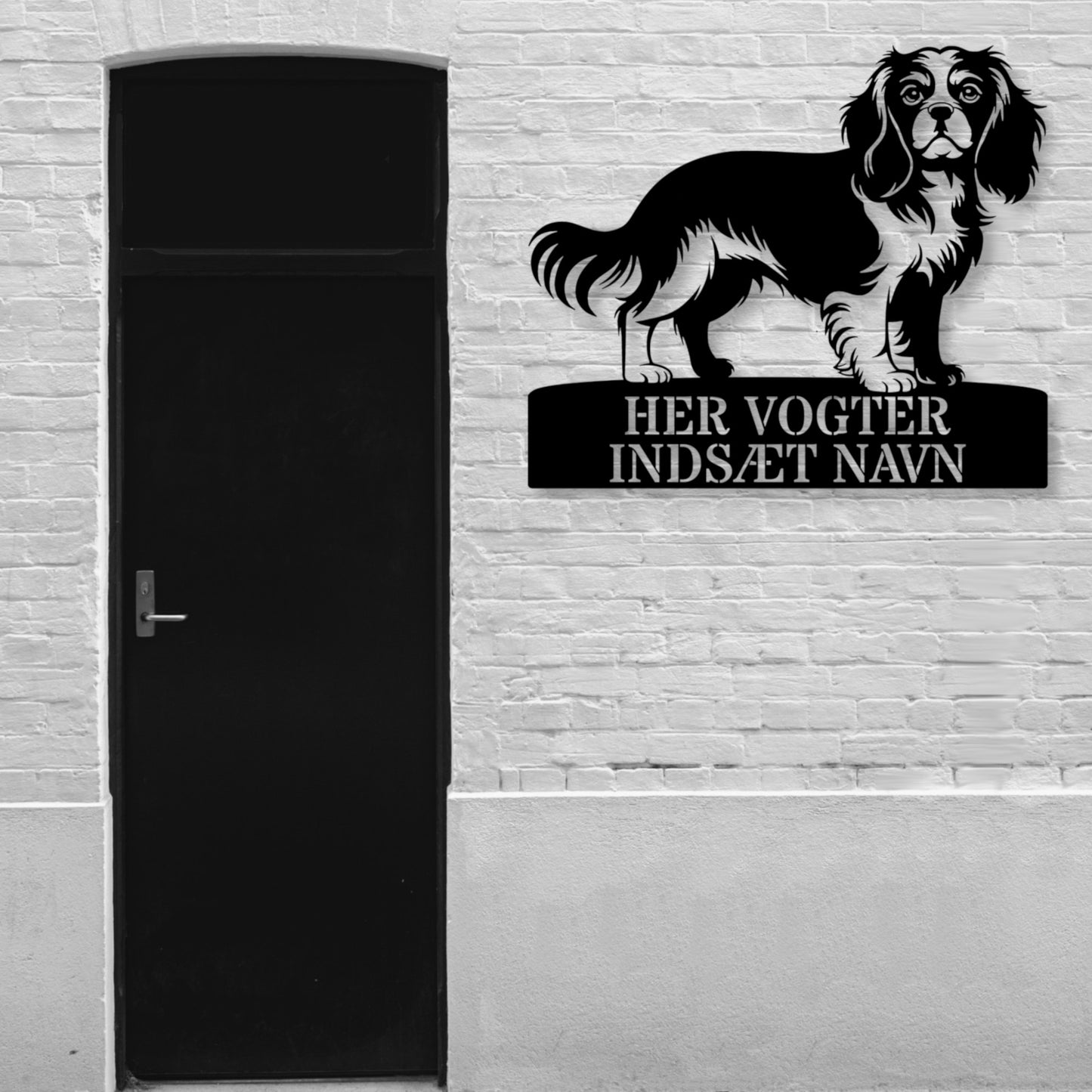 Cavalier King her vogter jeg metalskilt med personlig navn. Unik hundeejer gaveide.