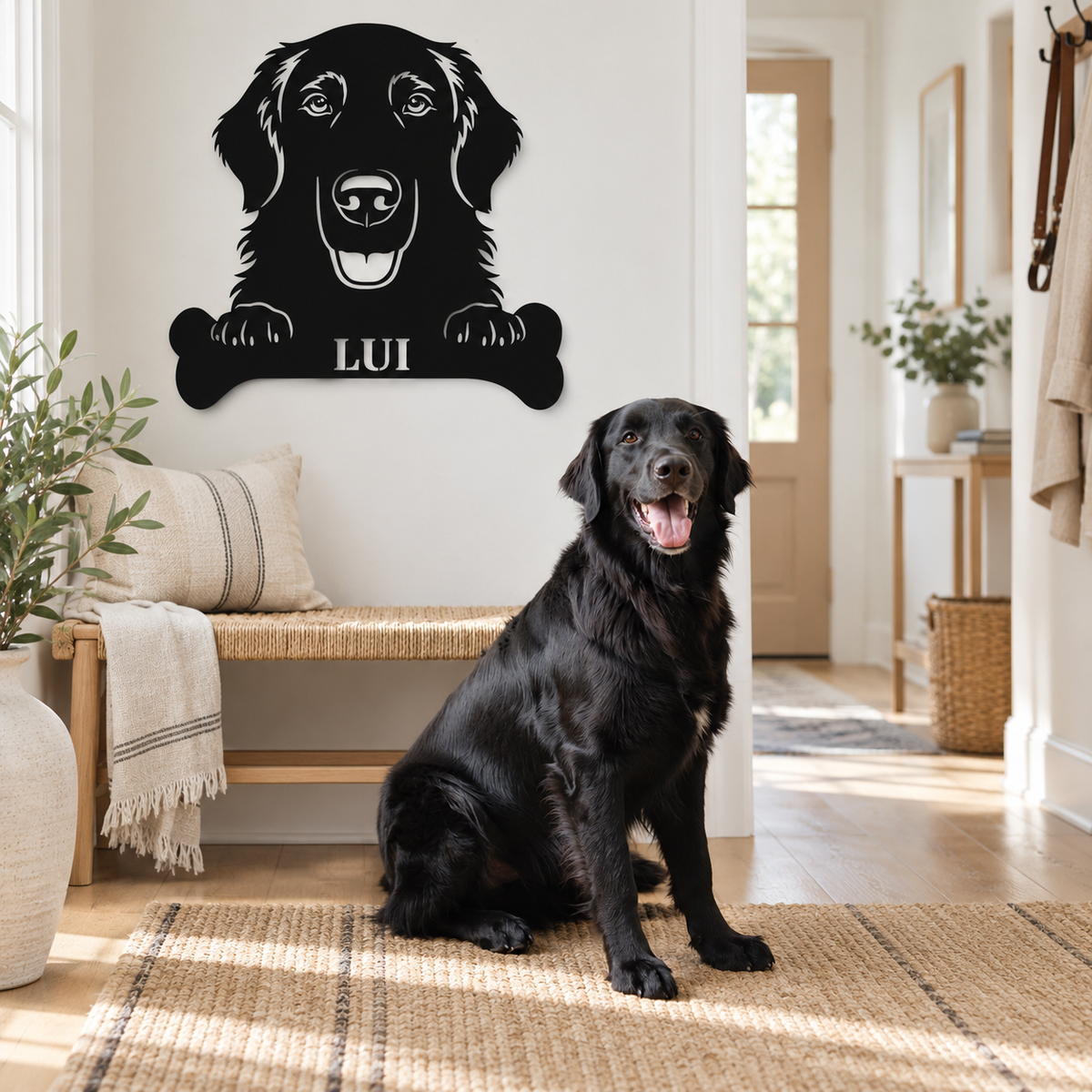 Flat Coated Retriever. Sjov metalskilt med personlig tekst