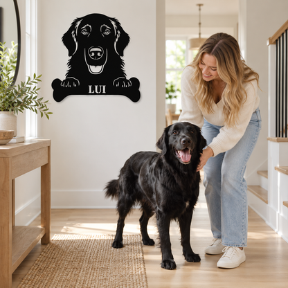 Flat Coated Retriever. Sjov metalskilt med personlig tekst