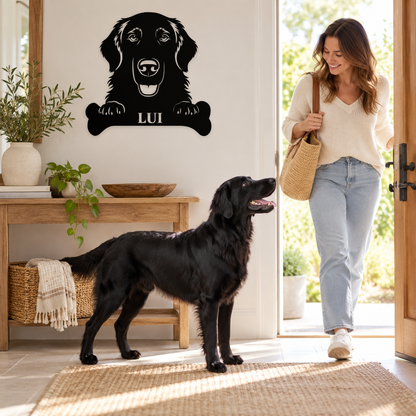 Flat Coated Retriever. Sjov metalskilt med personlig tekst