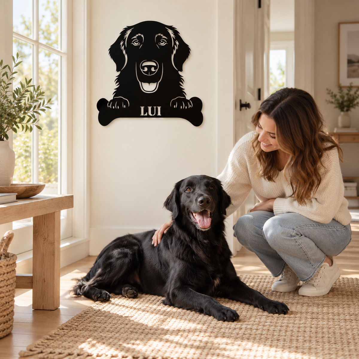 Flat Coated Retriever. Sjov metalskilt med personlig tekst