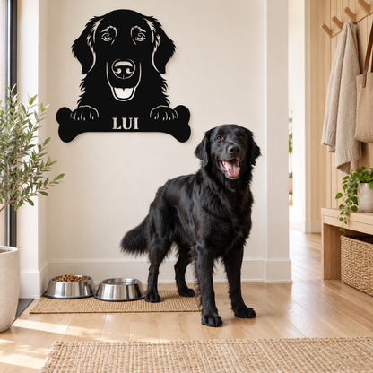 Flat Coated Retriever. Sjov metalskilt med personlig tekst