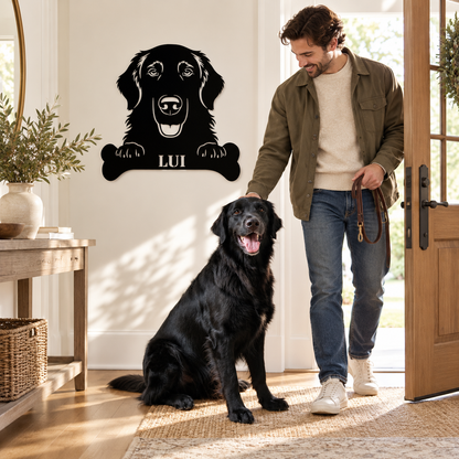 Flat Coated Retriever. Sjov metalskilt med personlig tekst