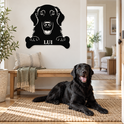 Flat Coated Retriever. Sjov metalskilt med personlig tekst