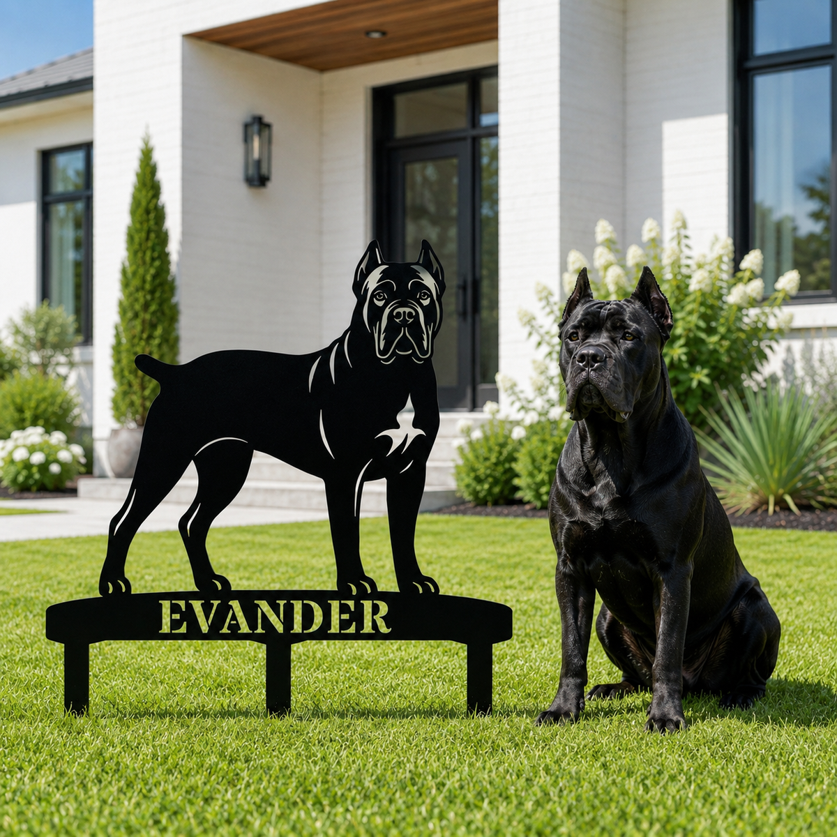 Personlig Cane Corso metalskilt til haven med hundenavn