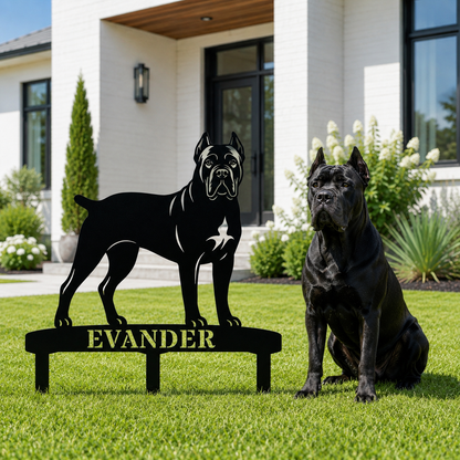 Personlig Cane Corso metalskilt til haven med hundenavn