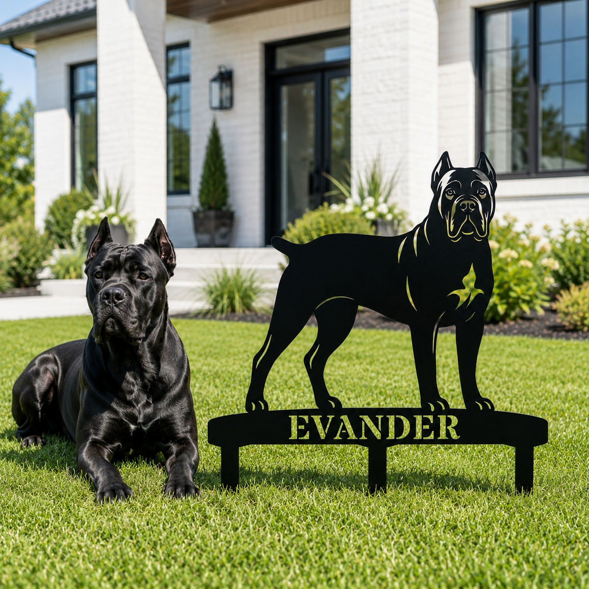 Personlig Cane Corso metalskilt til haven med hundenavn