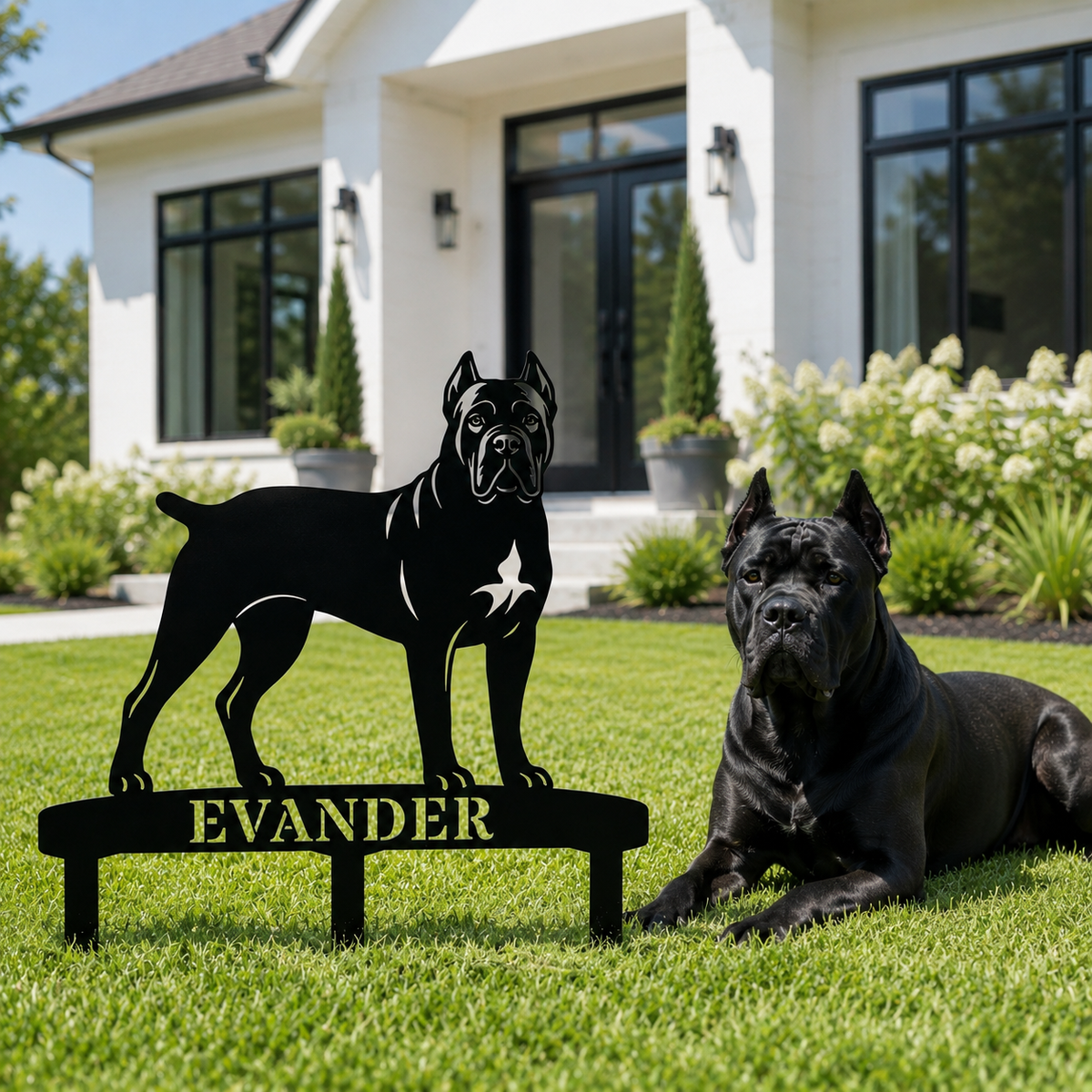 Personlig Cane Corso metalskilt til haven med hundenavn