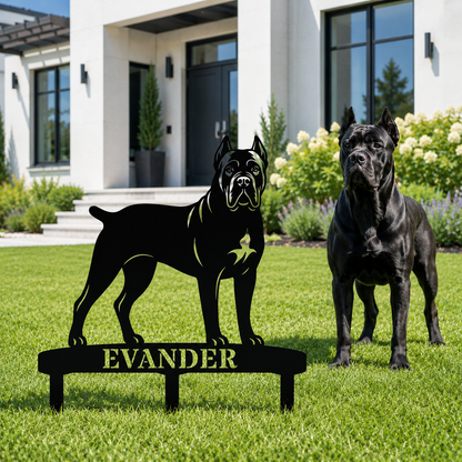 Personlig Cane Corso metalskilt til haven med hundenavn