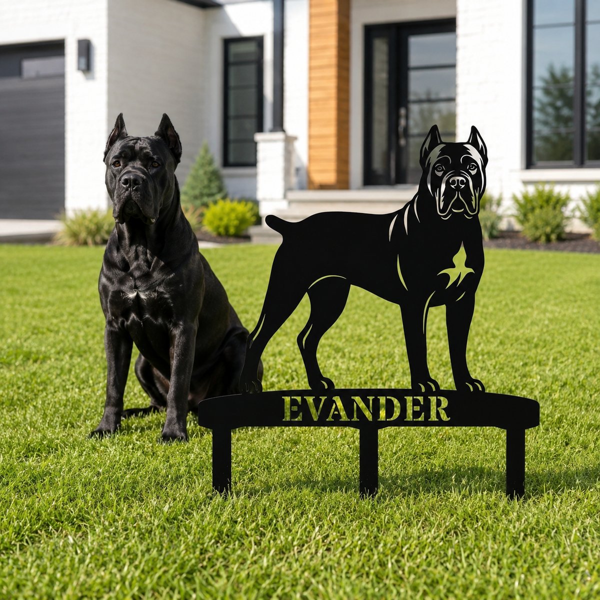 Personlig Cane Corso metalskilt til haven med hundenavn
