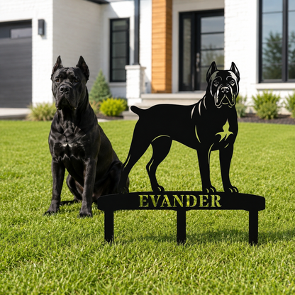 Personlig Cane Corso metalskilt til haven med hundenavn