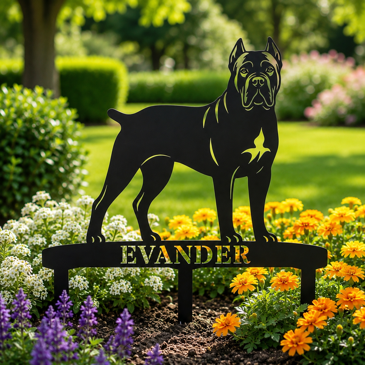 Personlig Cane Corso metalskilt til haven med hundenavn