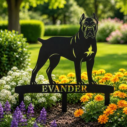 Personlig Cane Corso metalskilt til haven med hundenavn