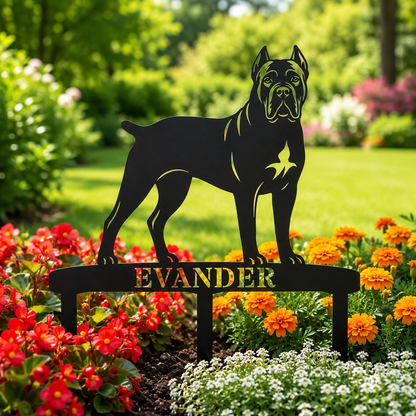 Personlig Cane Corso metalskilt til haven med hundenavn